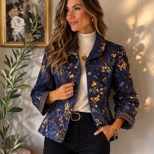 Christopher & Banks Statement Quilted Jacket L Blue Gold Metallic Floral Button